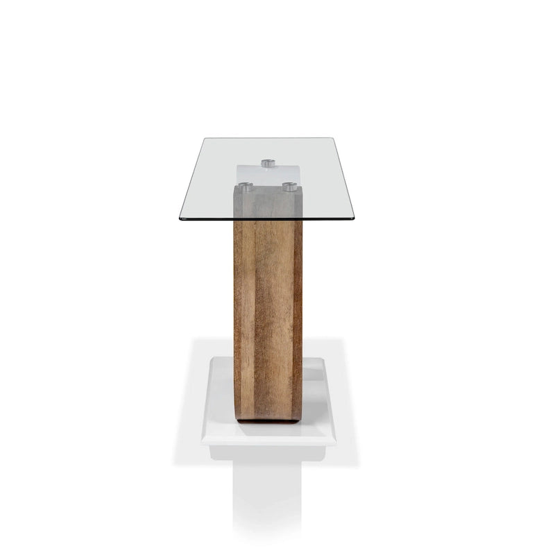 Console de canapé en verre de 119 cm de style contemporain blanc et bois naturel avec base géométrique par Strick & Bolton