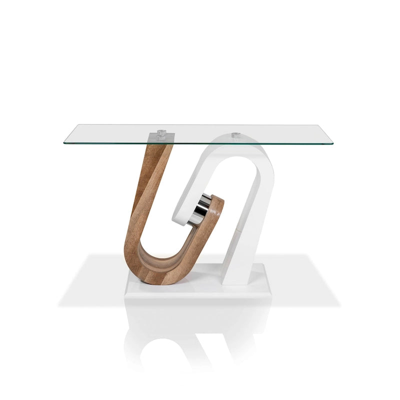 Console de canapé en verre de 119 cm de style contemporain blanc et bois naturel avec base géométrique par Strick & Bolton