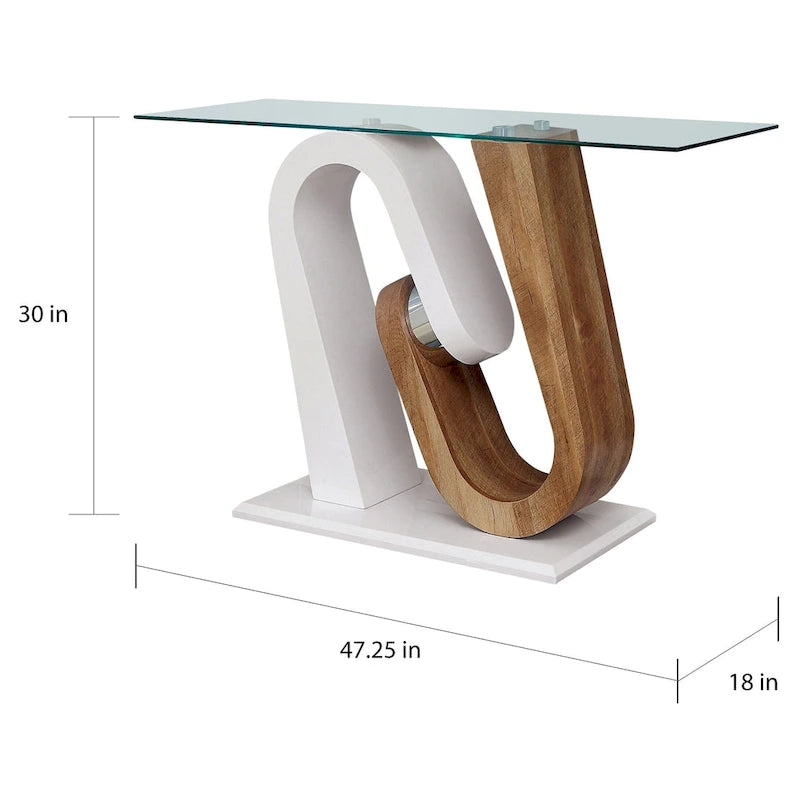 Console de canapé en verre de 119 cm de style contemporain blanc et bois naturel avec base géométrique par Strick & Bolton