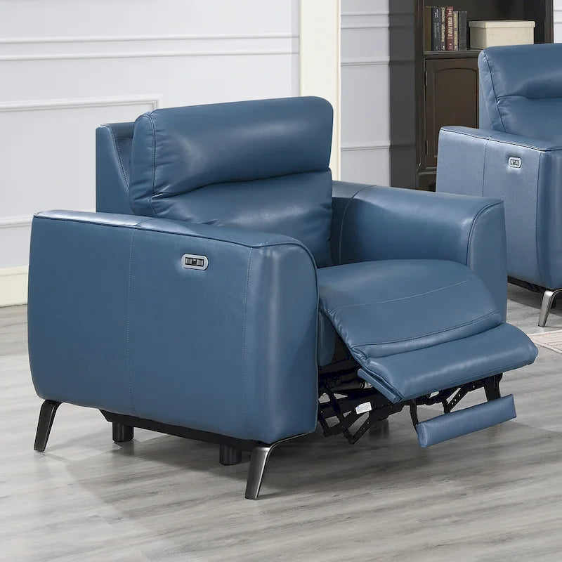 Fauteuil inclinable électrique en cuir pleine fleur bleu océan Steve Silver