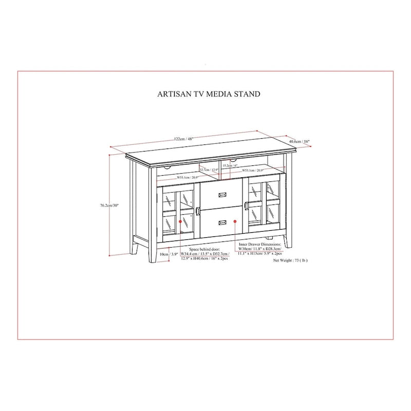 Meuble TV contemporain en bois massif WYNDENHALL Stratford, 122 cm de large, en brun roux, pour téléviseurs jusqu'à 55 pouces