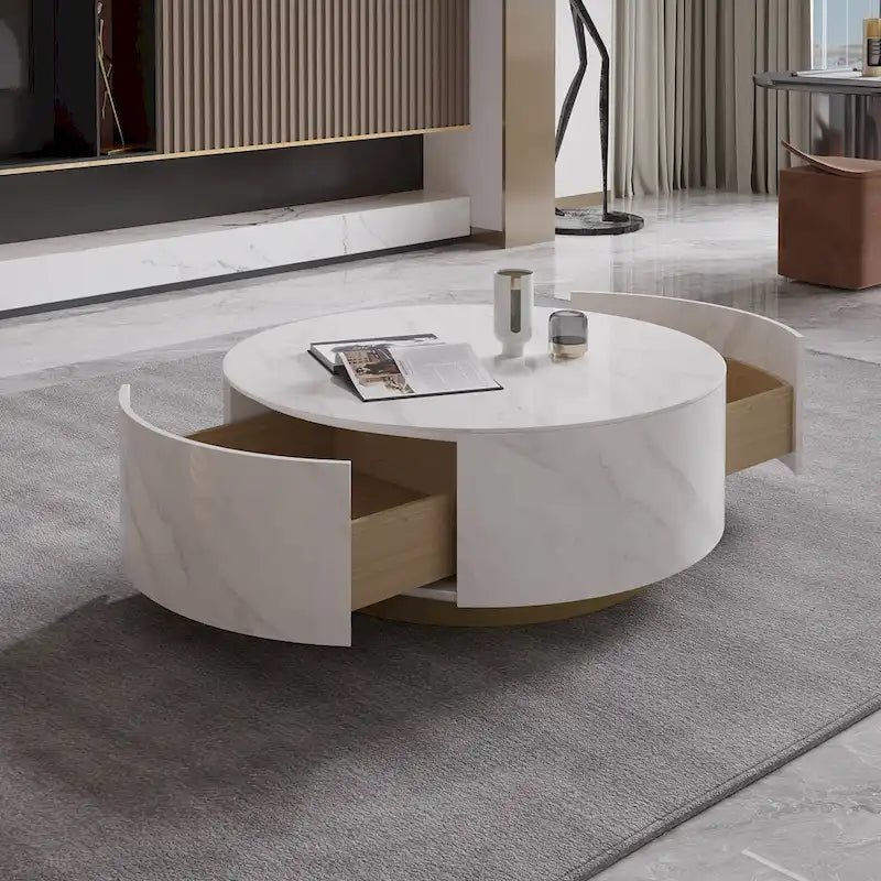 Table basse ronde moderne en forme de tambour, table basse trapèze en marbre blanc pour salon