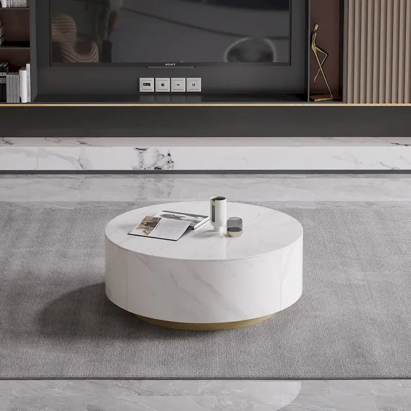 Table basse ronde moderne en forme de tambour, table basse trapèze en marbre blanc pour salon