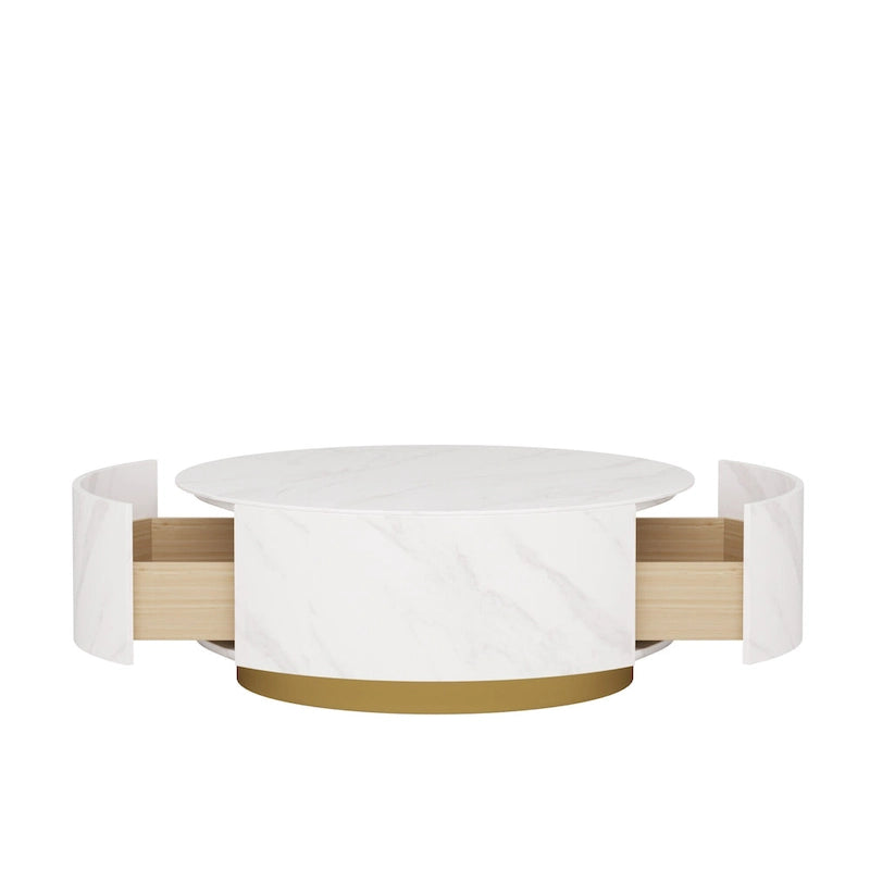 Table basse ronde moderne en forme de tambour, table basse trapèze en marbre blanc pour salon