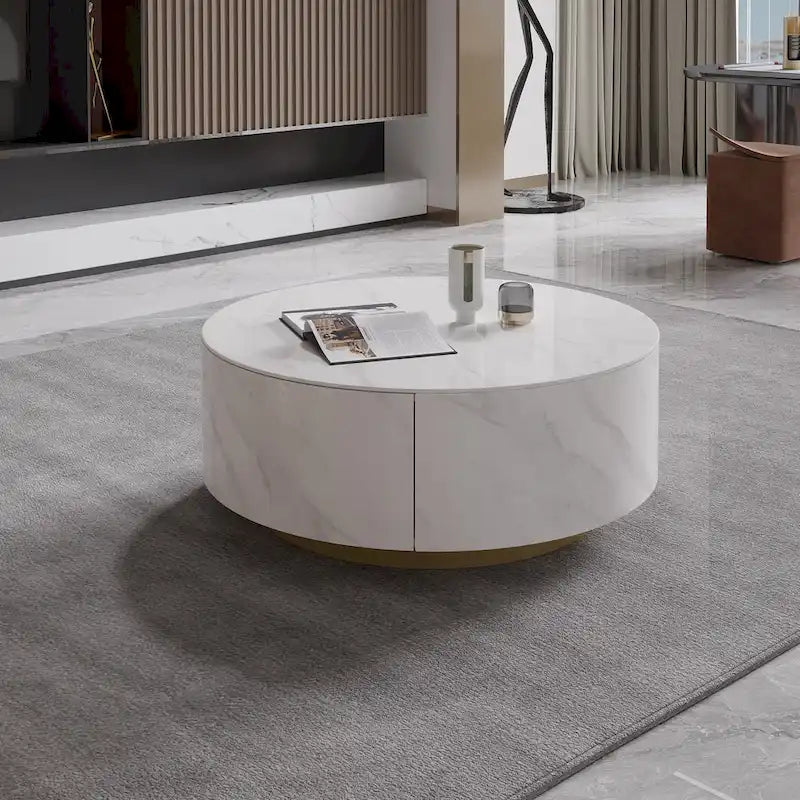 Table basse ronde moderne en forme de tambour, table basse trapèze en marbre blanc pour salon