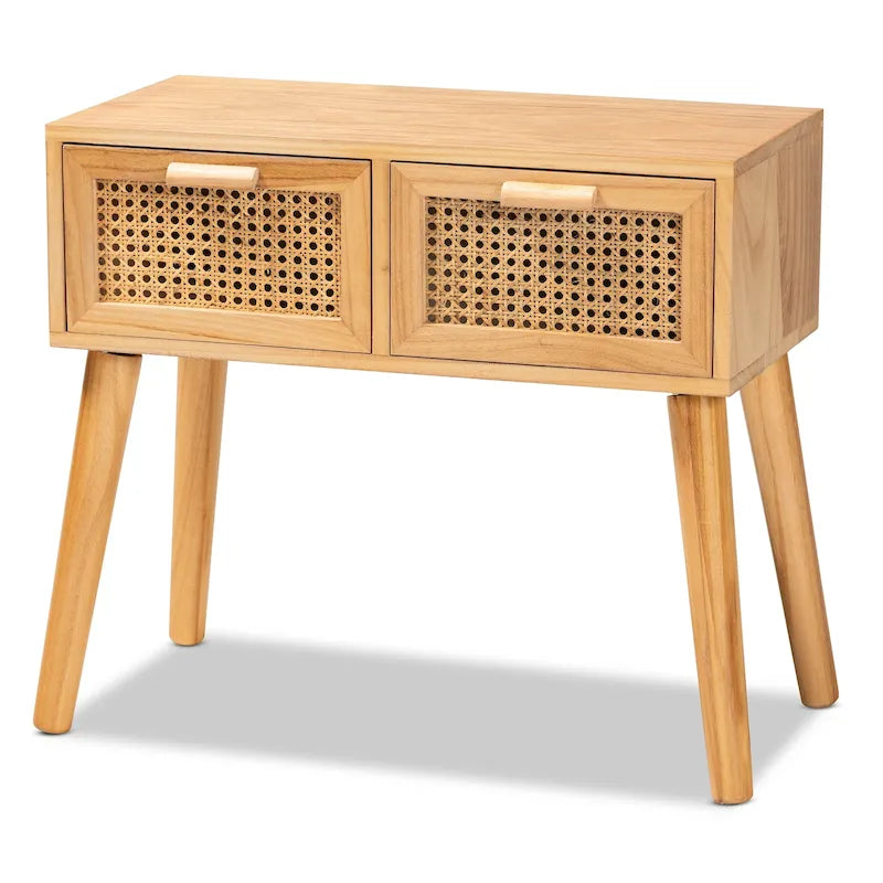 Console en bois à 2 tiroirs avec rotin et chêne Falan Mid-Century Modern