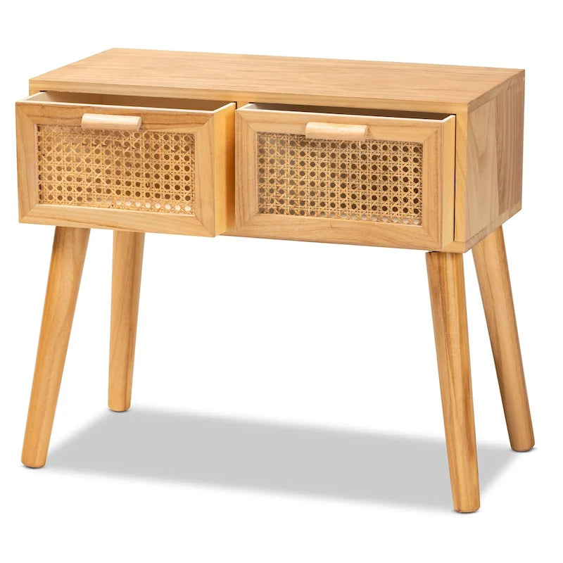 Console en bois à 2 tiroirs avec rotin et chêne Falan Mid-Century Modern