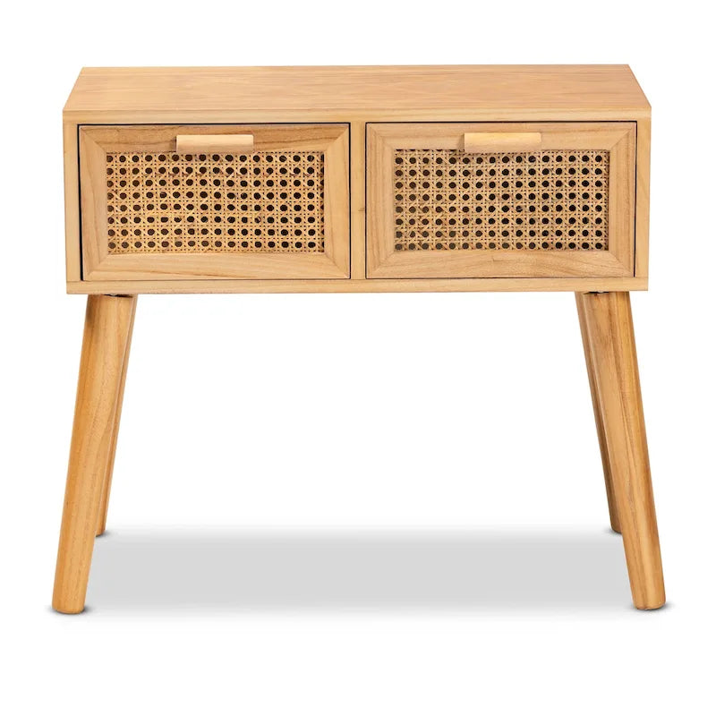Console en bois à 2 tiroirs avec rotin et chêne Falan Mid-Century Modern