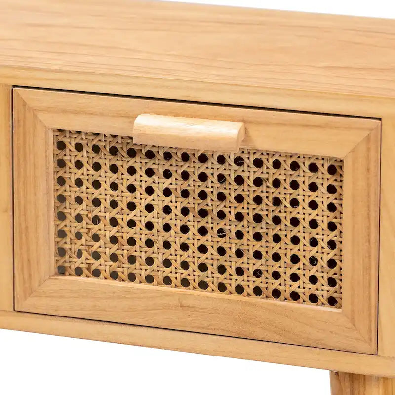 Console en bois à 2 tiroirs avec rotin et chêne Falan Mid-Century Modern