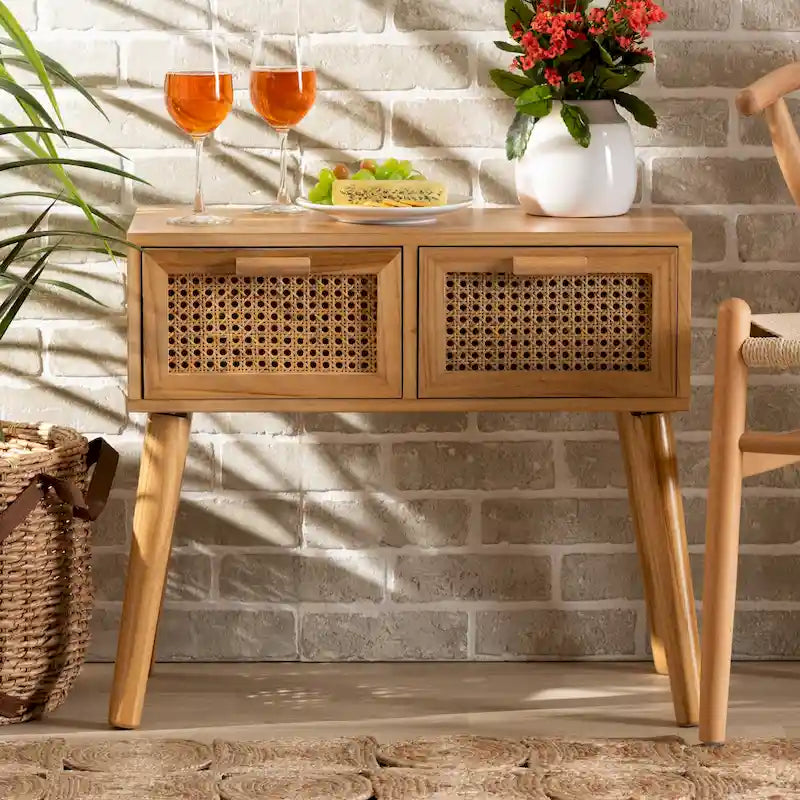 Console en bois à 2 tiroirs avec rotin et chêne Falan Mid-Century Modern