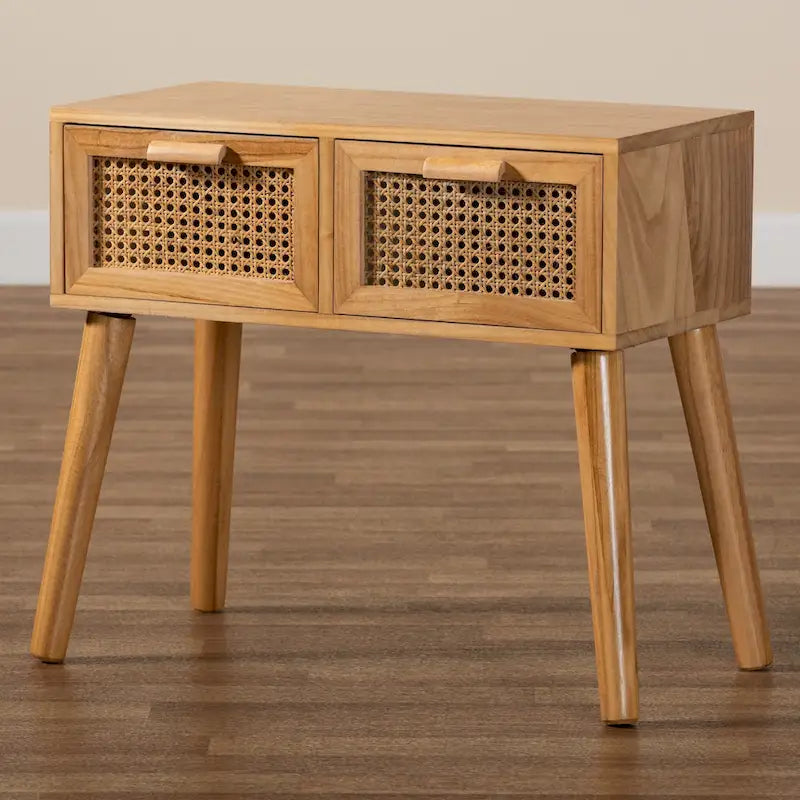 Console en bois à 2 tiroirs avec rotin et chêne Falan Mid-Century Modern