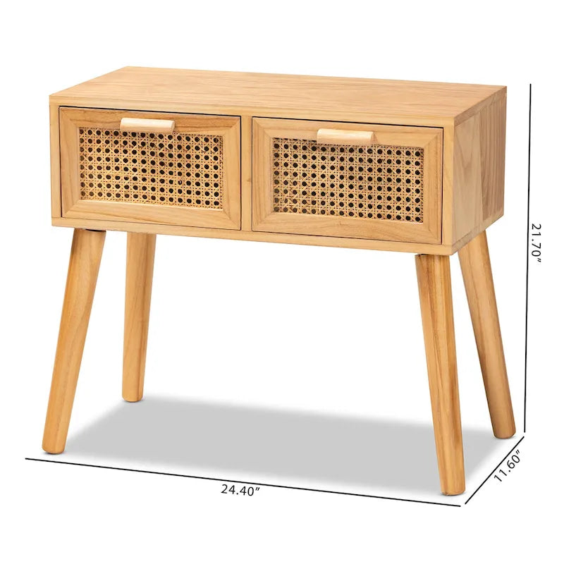 Console en bois à 2 tiroirs avec rotin et chêne Falan Mid-Century Modern