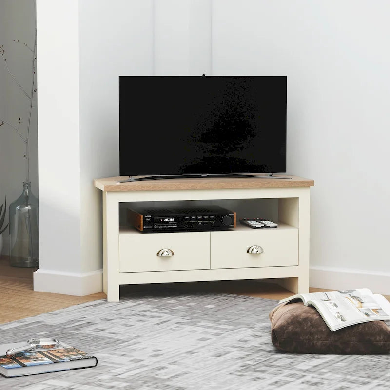 Meuble TV d'angle HOMCOM jusqu'à 50 pouces, meuble de divertissement, console TV avec 2 tiroirs et 1 compartiment de rangement