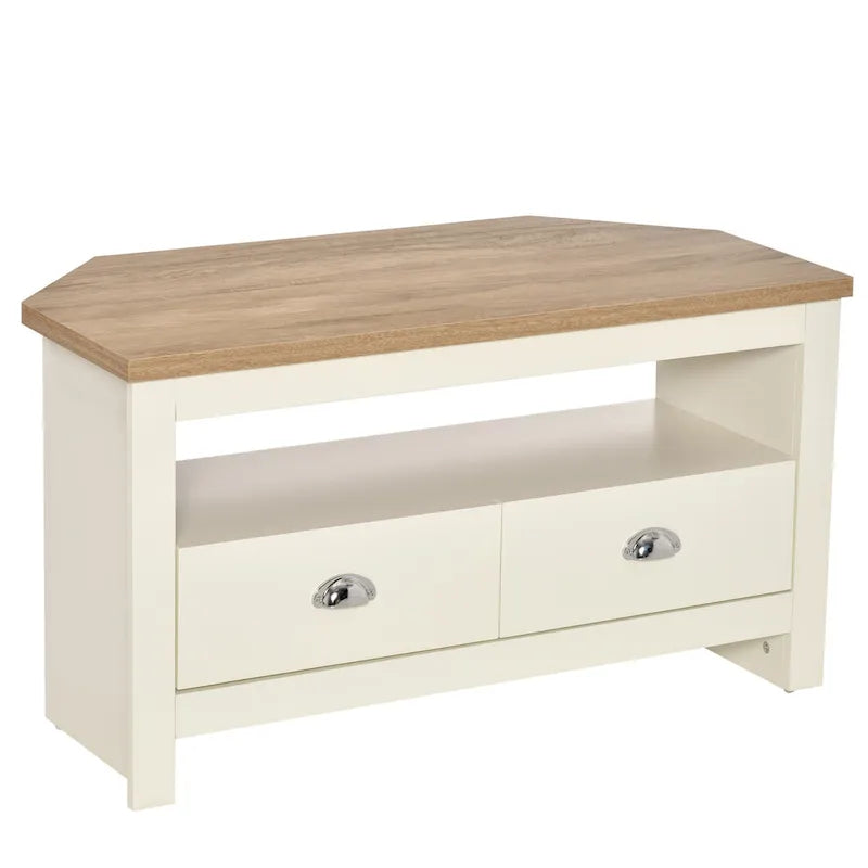 Meuble TV d'angle HOMCOM jusqu'à 50 pouces, meuble de divertissement, console TV avec 2 tiroirs et 1 compartiment de rangement
