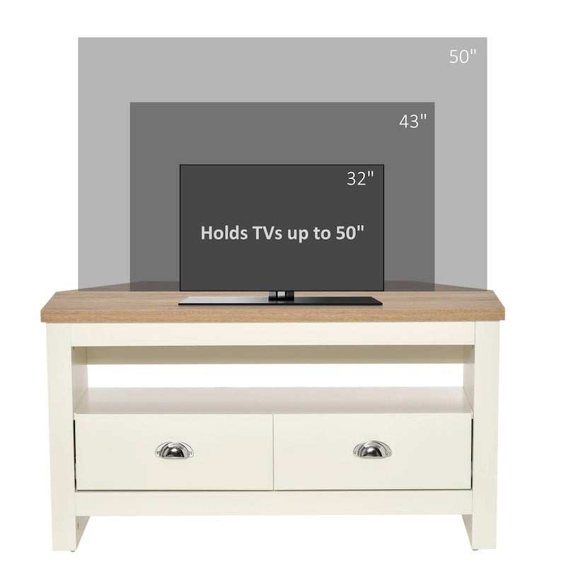 Meuble TV d'angle HOMCOM jusqu'à 50 pouces, meuble de divertissement, console TV avec 2 tiroirs et 1 compartiment de rangement