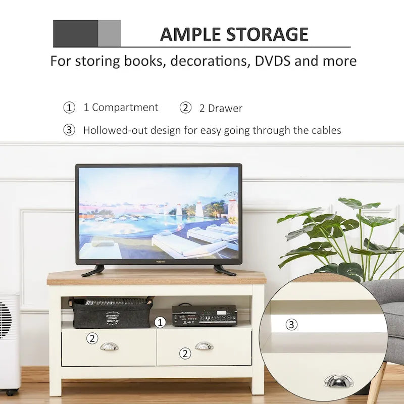 Meuble TV d'angle HOMCOM jusqu'à 50 pouces, meuble de divertissement, console TV avec 2 tiroirs et 1 compartiment de rangement