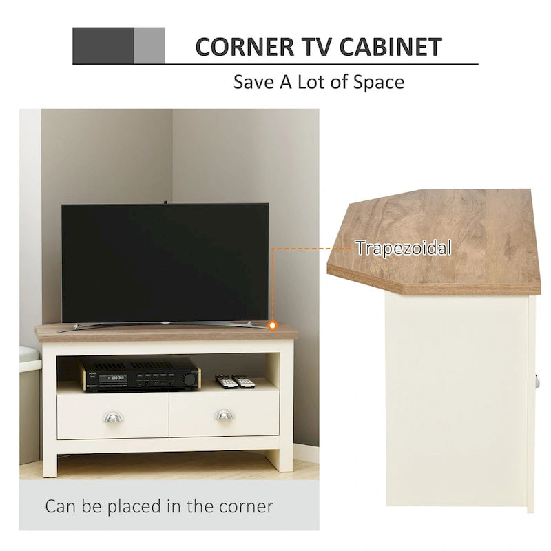 Meuble TV d'angle HOMCOM jusqu'à 50 pouces, meuble de divertissement, console TV avec 2 tiroirs et 1 compartiment de rangement