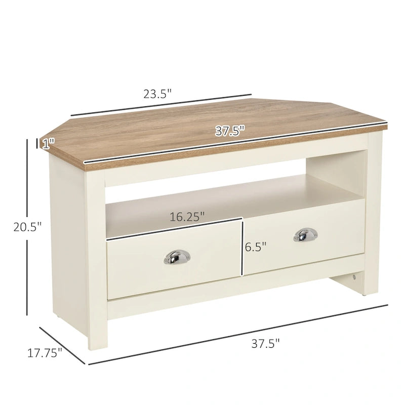Meuble TV d'angle HOMCOM jusqu'à 50 pouces, meuble de divertissement, console TV avec 2 tiroirs et 1 compartiment de rangement
