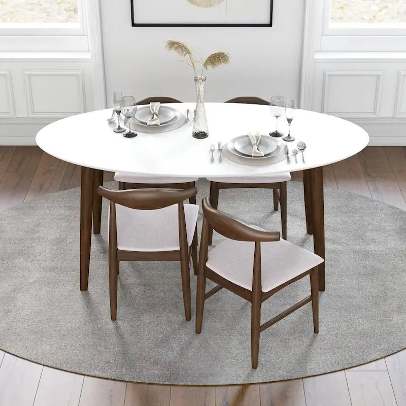 Table à manger ovale Rivoli mi-siècle moderne en bois massif, blanc - 170 cm