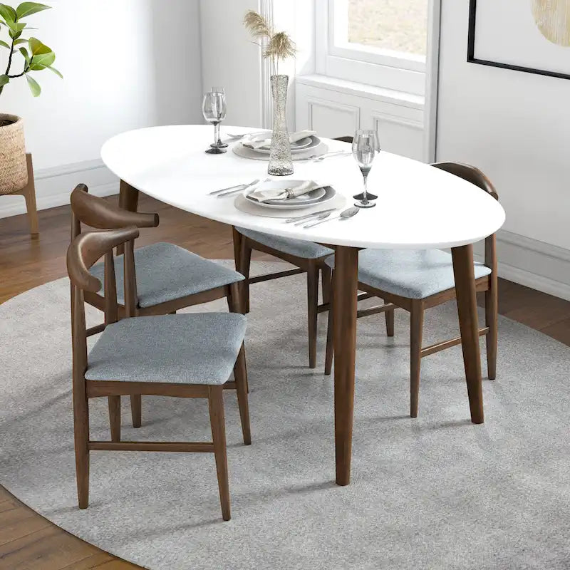Table à manger ovale Rivoli mi-siècle moderne en bois massif, blanc - 170 cm