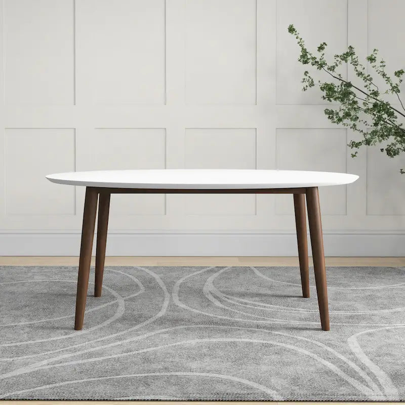 Table à manger ovale Rivoli mi-siècle moderne en bois massif, blanc - 170 cm