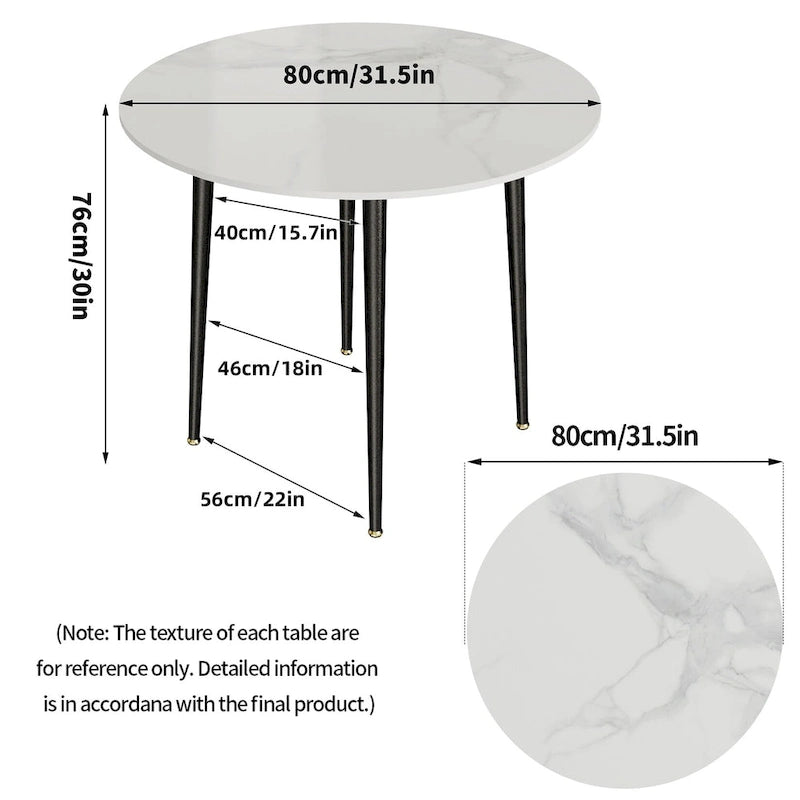 Table de salle à manger ronde en marbre avec pieds coniques en métal - 31,5 L x 30 H