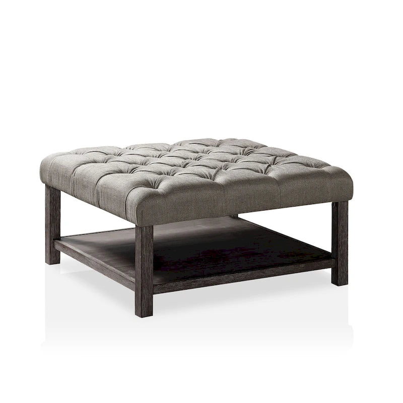 Pouf carré de cocktail Belbeck Farmhouse en tissu gris capitonné avec étagère ouverte par Furniture of America