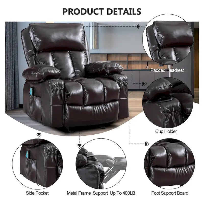 Fauteuil inclinable de massage en similicuir, fauteuil inclinable à bascule, fonction de chauffage