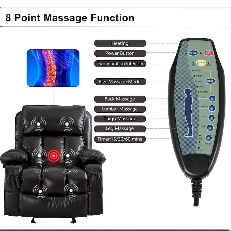 Fauteuil inclinable de massage en similicuir, fauteuil inclinable à bascule, fonction de chauffage