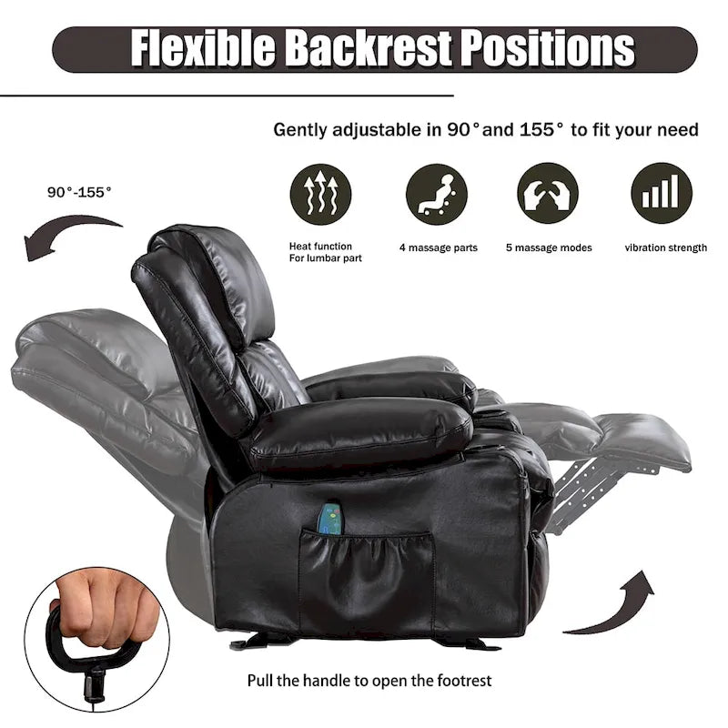 Fauteuil inclinable de massage en similicuir, fauteuil inclinable à bascule, fonction de chauffage