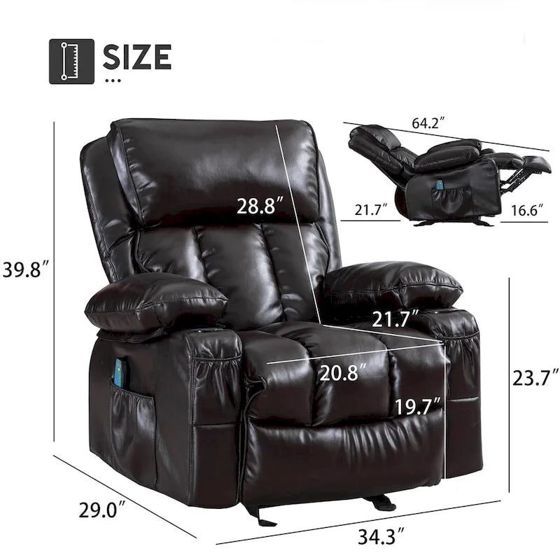 Fauteuil inclinable de massage en similicuir, fauteuil inclinable à bascule, fonction de chauffage