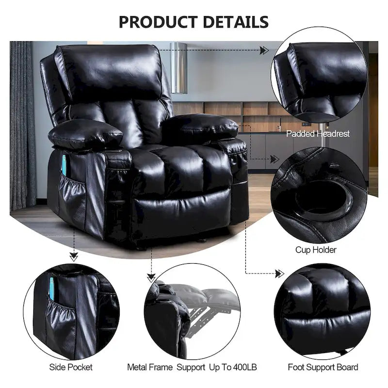 Fauteuil inclinable de massage en similicuir, fauteuil inclinable à bascule, fonction de chauffage