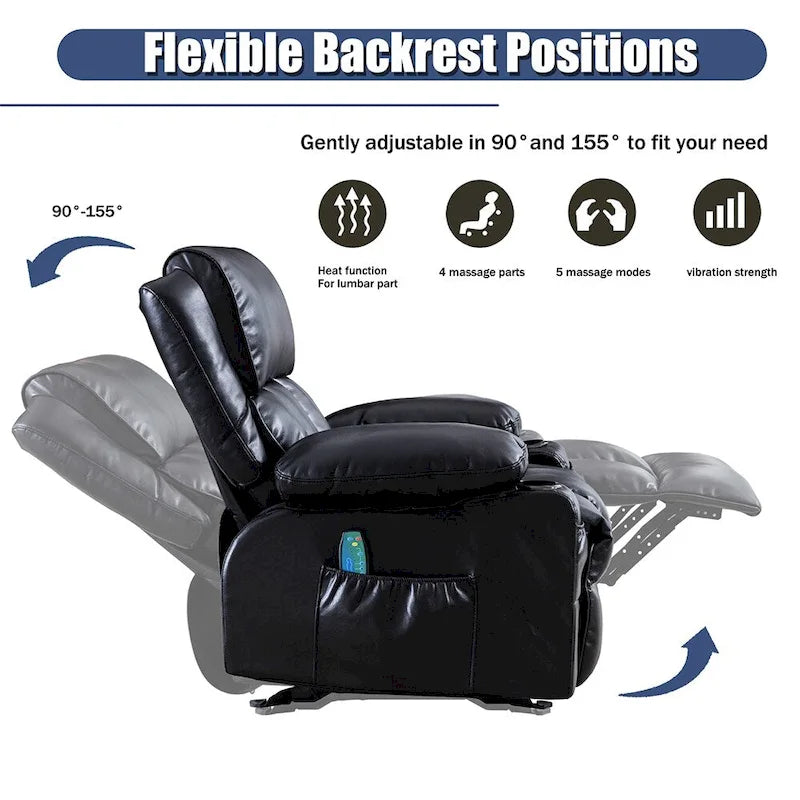 Fauteuil inclinable de massage en similicuir, fauteuil inclinable à bascule, fonction de chauffage
