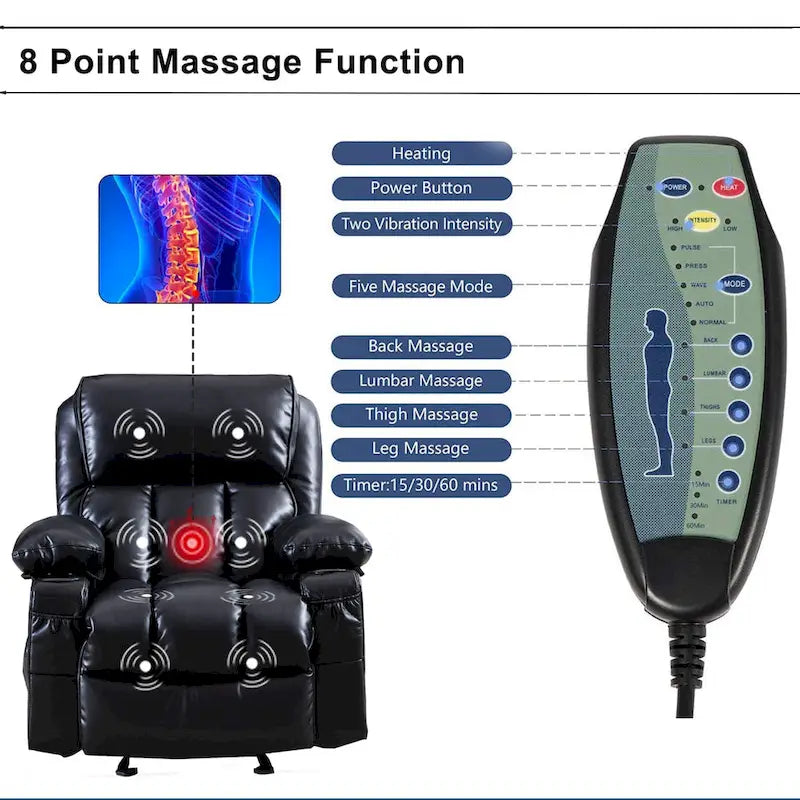 Fauteuil inclinable de massage en similicuir, fauteuil inclinable à bascule, fonction de chauffage