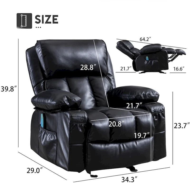 Fauteuil inclinable de massage en similicuir, fauteuil inclinable à bascule, fonction de chauffage