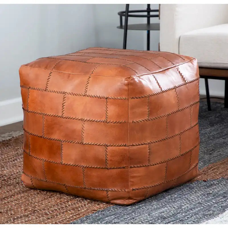 Pouf de rangement industriel en similicuir Najah Patchwork Carbon Loft