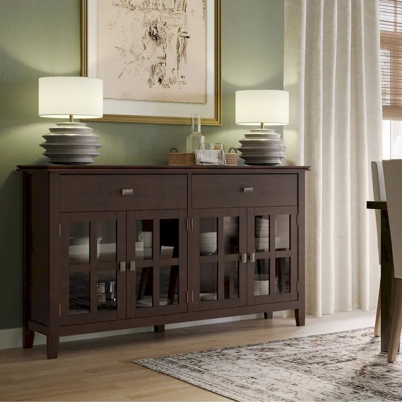 WYNDENHALL Stratford Buffet de salle à manger transitionnel large en bois massif à 4 portes de 60 po – 17p x 60l x 34h