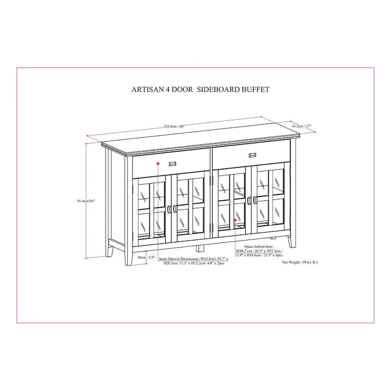 WYNDENHALL Stratford Buffet de salle à manger transitionnel large en bois massif à 4 portes de 60 po – 17p x 60l x 34h