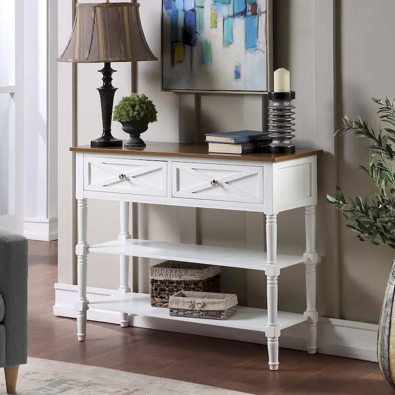 Console de style champêtre Country Oxford avec 2 tiroirs et étagères de Convenience Concepts