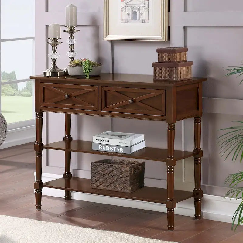Console de style champêtre Country Oxford avec 2 tiroirs et étagères de Convenience Concepts