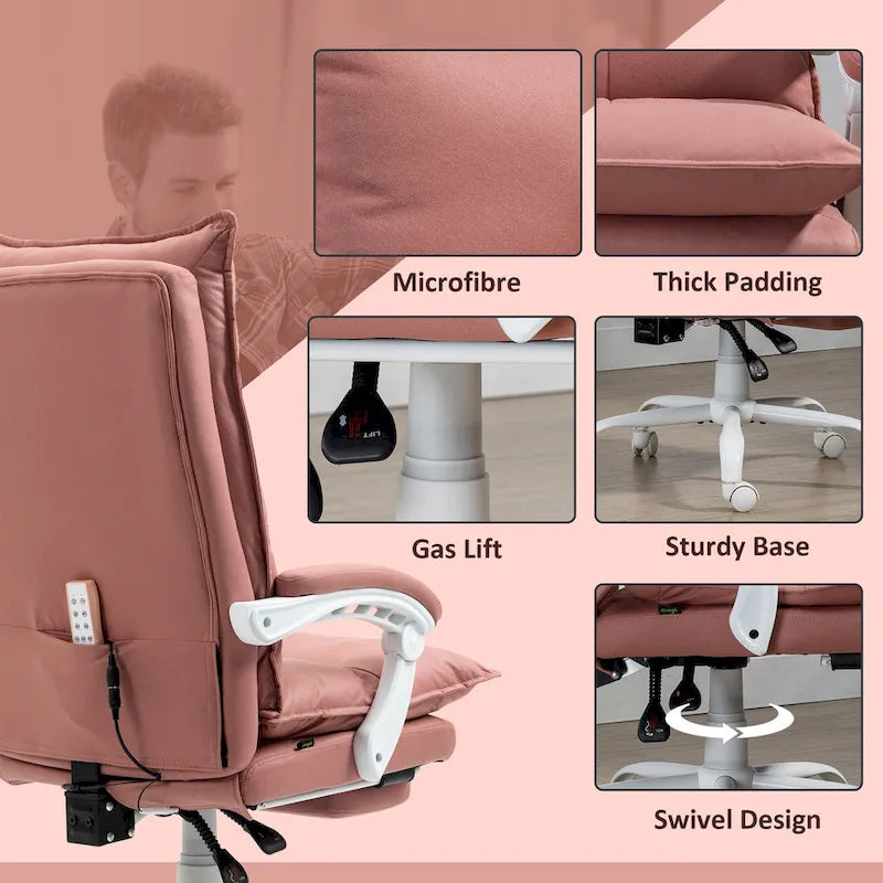 Chaise de bureau de massage à dossier haut Vinsetto avec 6 points de vibration, chaise d'ordinateur inclinable chauffante en microfibre avec repose-pieds