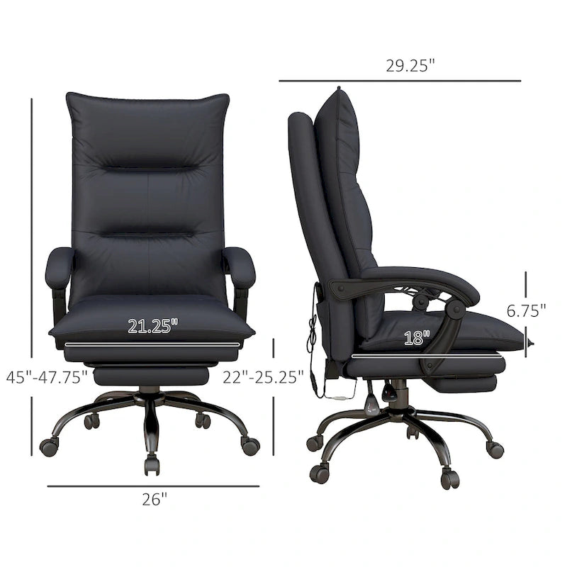 Chaise de bureau de massage à dossier haut Vinsetto avec 6 points de vibration, chaise d'ordinateur inclinable chauffante en microfibre avec repose-pieds