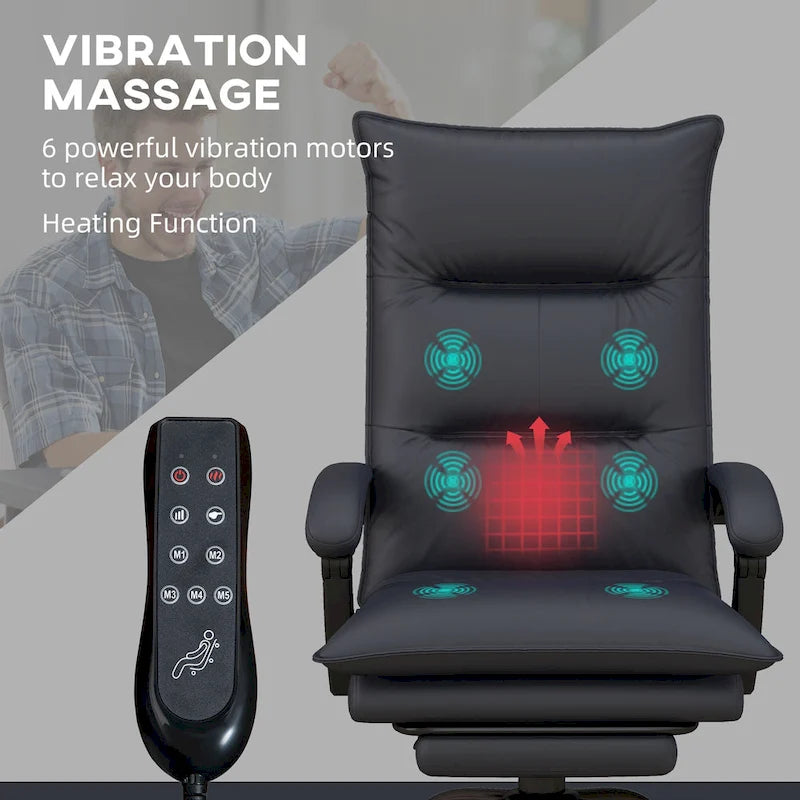 Chaise de bureau de massage à dossier haut Vinsetto avec 6 points de vibration, chaise d'ordinateur inclinable chauffante en microfibre avec repose-pieds