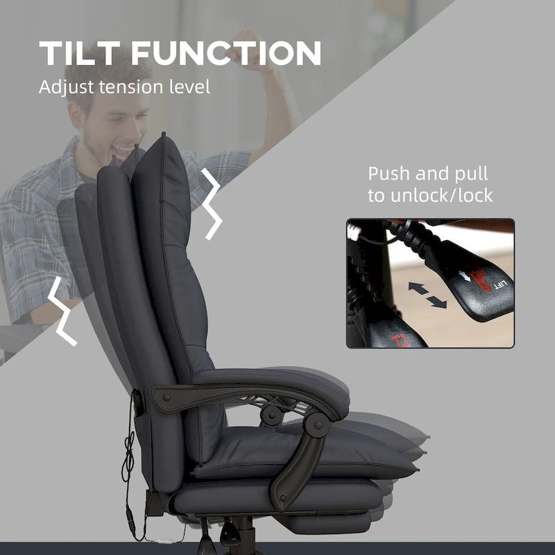 Chaise de bureau de massage à dossier haut Vinsetto avec 6 points de vibration, chaise d'ordinateur inclinable chauffante en microfibre avec repose-pieds