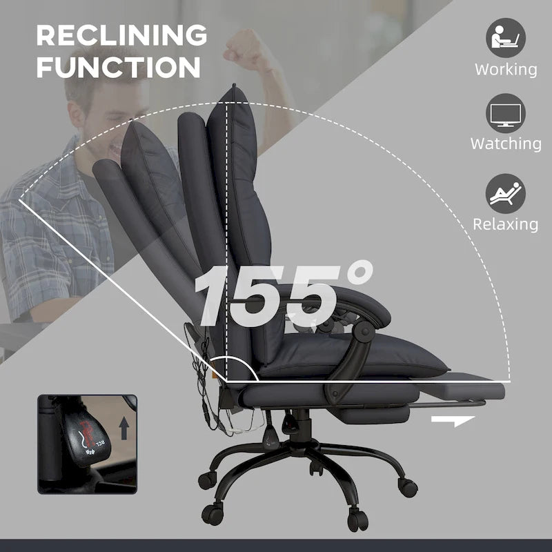 Chaise de bureau de massage à dossier haut Vinsetto avec 6 points de vibration, chaise d'ordinateur inclinable chauffante en microfibre avec repose-pieds
