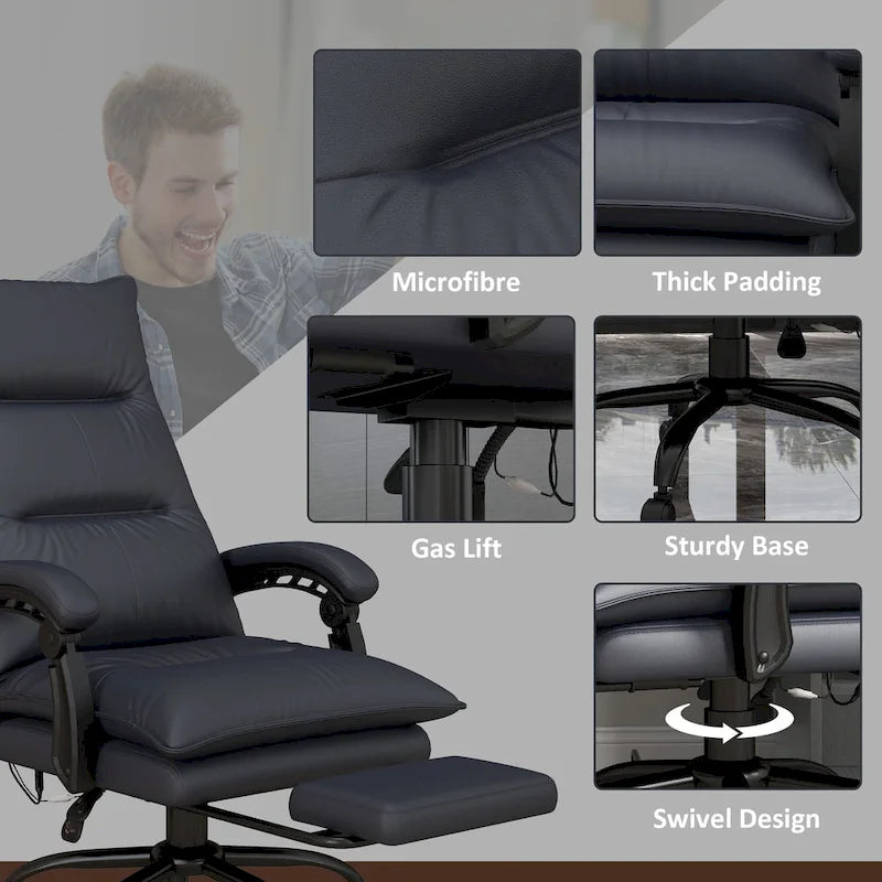 Chaise de bureau de massage à dossier haut Vinsetto avec 6 points de vibration, chaise d'ordinateur inclinable chauffante en microfibre avec repose-pieds