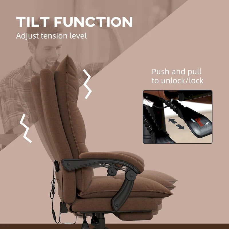 Chaise de bureau de massage à dossier haut Vinsetto avec 6 points de vibration, chaise d'ordinateur inclinable chauffante en microfibre avec repose-pieds