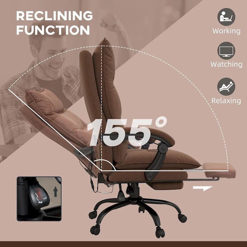 Chaise de bureau de massage à dossier haut Vinsetto avec 6 points de vibration, chaise d'ordinateur inclinable chauffante en microfibre avec repose-pieds
