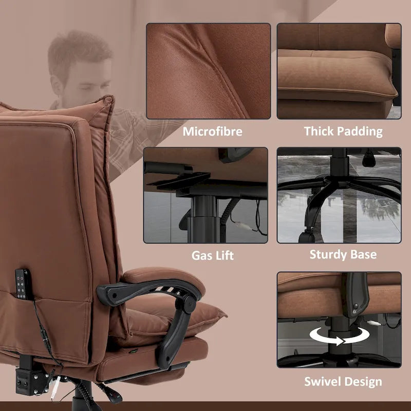 Chaise de bureau de massage à dossier haut Vinsetto avec 6 points de vibration, chaise d'ordinateur inclinable chauffante en microfibre avec repose-pieds