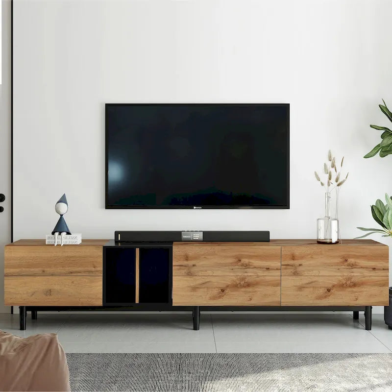 Meuble TV moderne pour téléviseur 80 pouces avec 3 portes, console multimédia, meuble de rangement avec grand placard pour salon